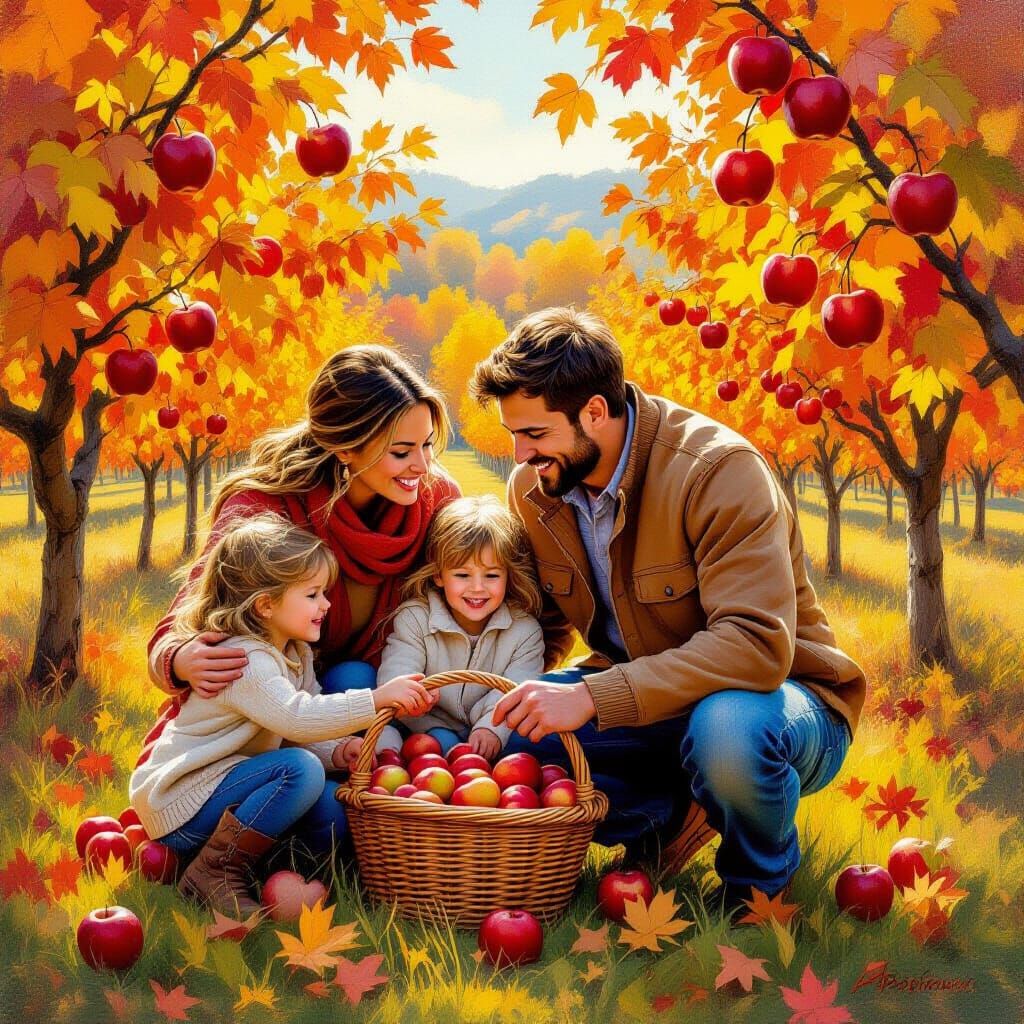 Joyful Family Apple Picking in Autumn Orchard