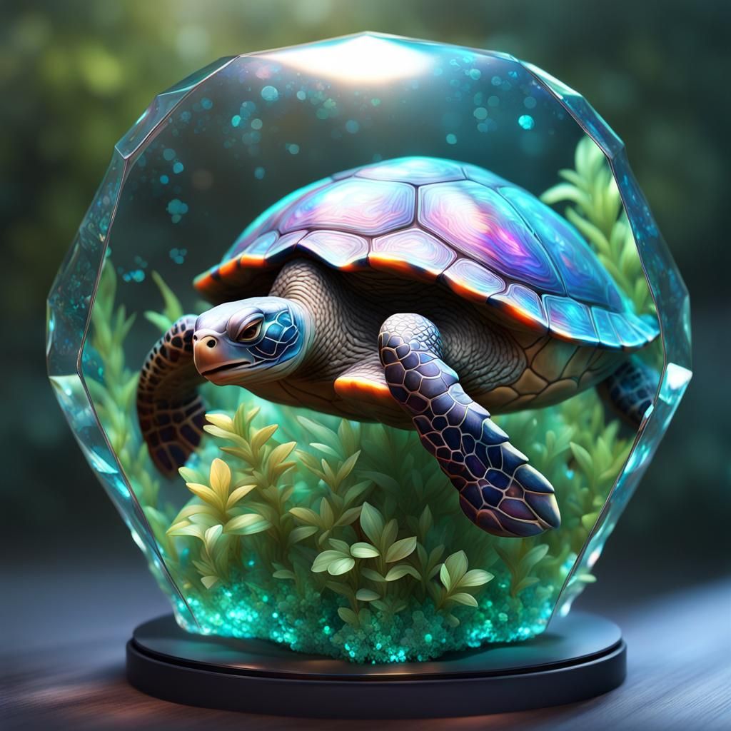 Bioluminescent Crystal Turtle Sculpture, Detailed Digital Ar...