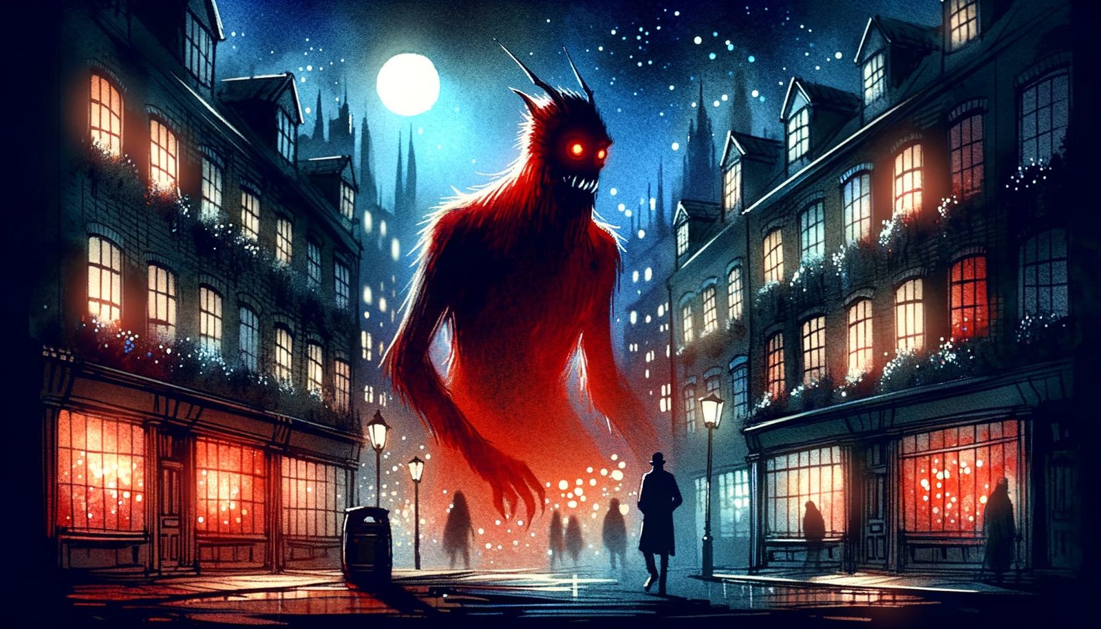 Eerie Red Creature in Urban Night, Watercolor Style