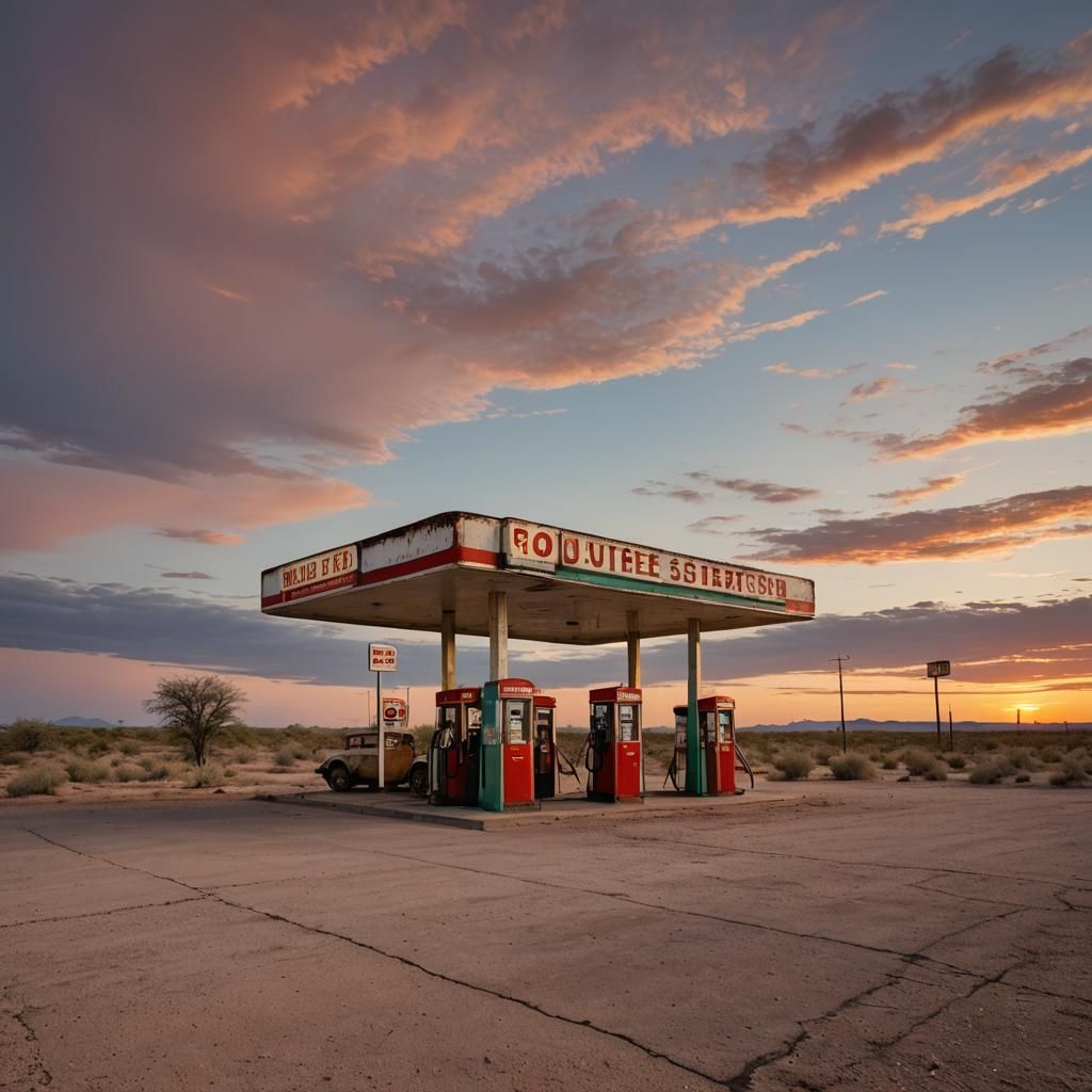 abandoned 1920s gas station, route 66, sunset, low-view, uhd, william eggleston masterpiece