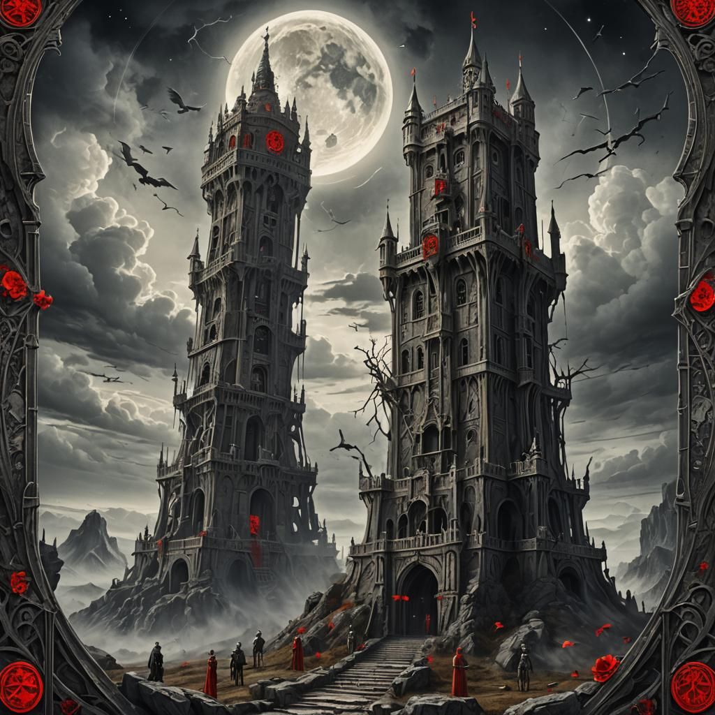 Skeleton Tarot Card: The Tower in Black, White and Red