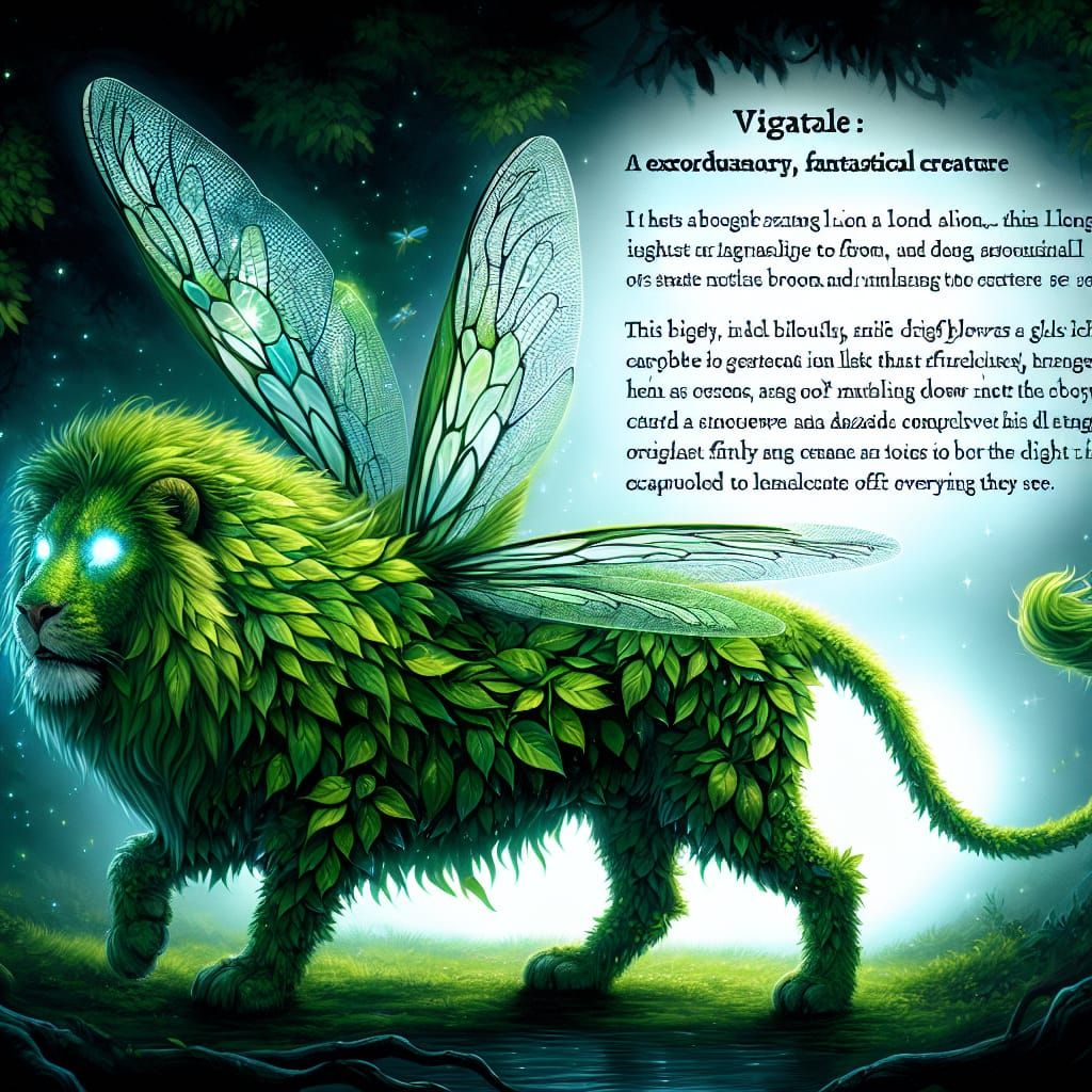 Leafy Lion with Dragonfly Wings in Deep Forest