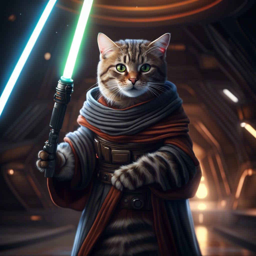 Tabby Cat Jedi in Spaceship, Digital Art