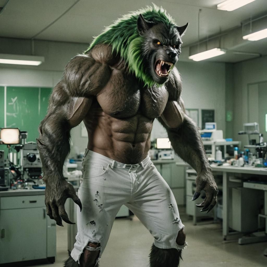 Giant Green Werewolf in Laboratory: Cinematic Film Still