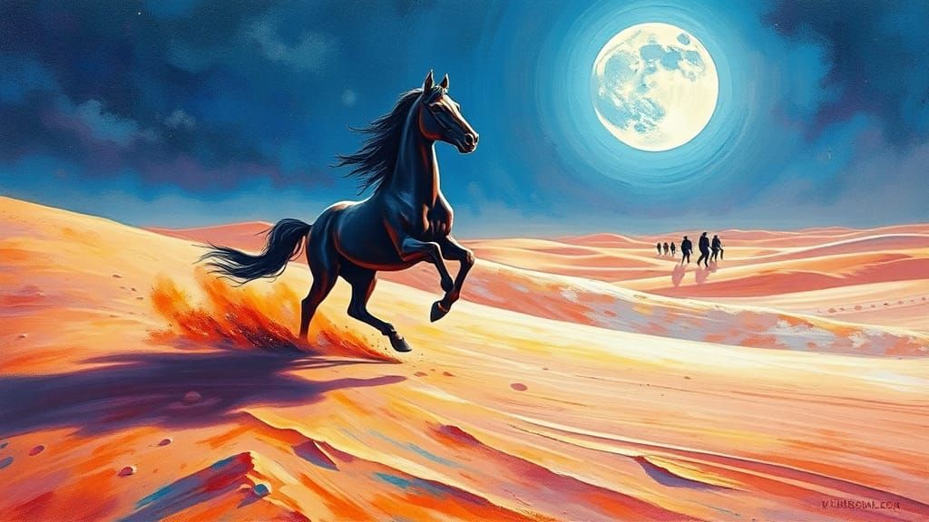 Horse Galloping Across Desert in Surreal Fluorescent Style