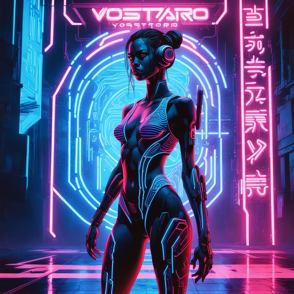 Cyberpunk Woman in Front of Neon VostTorg Sign