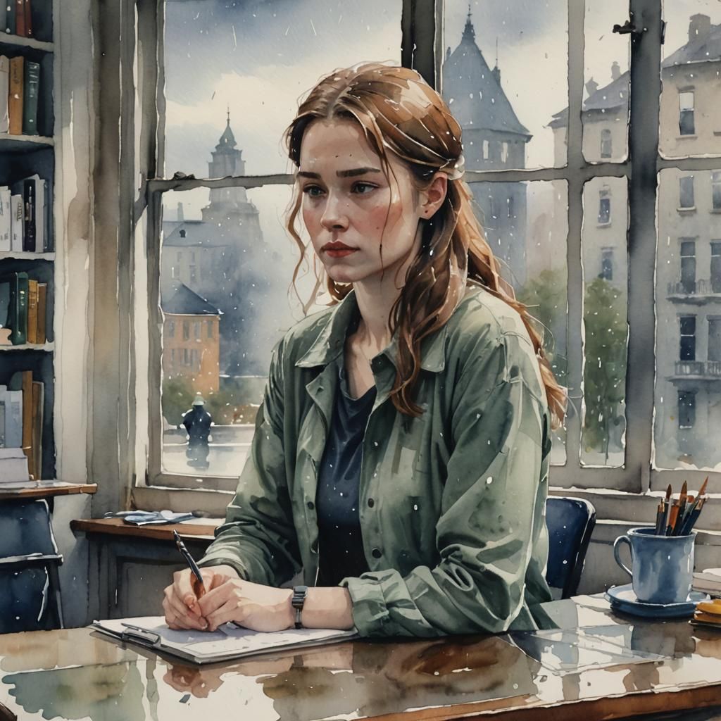 a watercolor painting of a young woman sitting at a desk looking out the window on a rainy, dreary day.