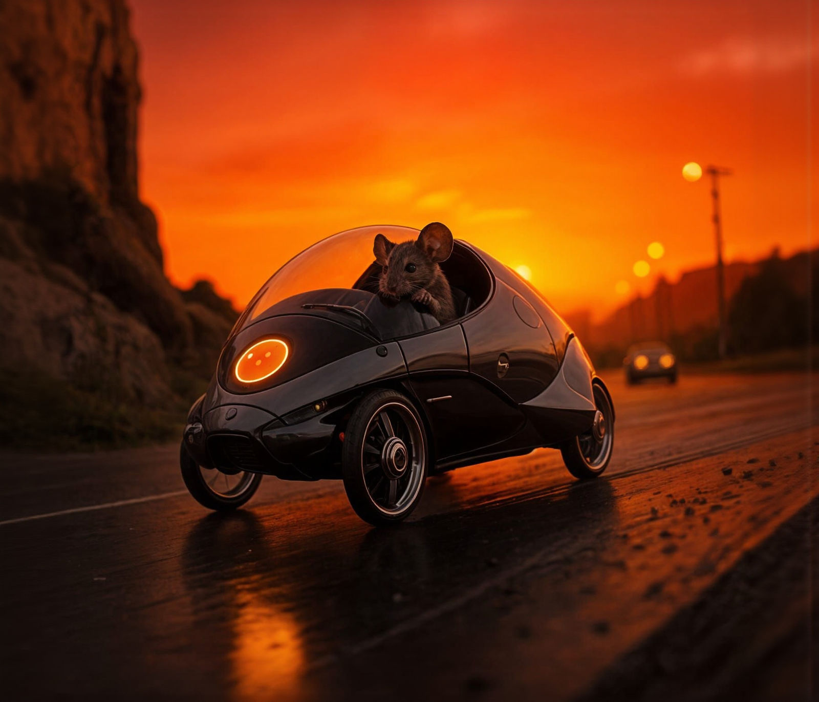 Mouse Drives Egg Car in Hyperrealistic Style