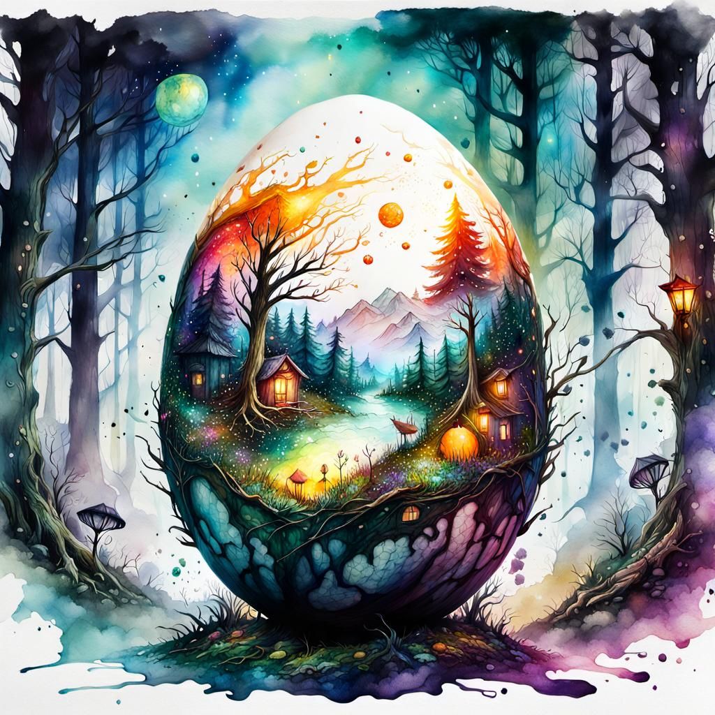 Glowing Egg Encasing Magical Forest, Hyperrealistic Splash A...