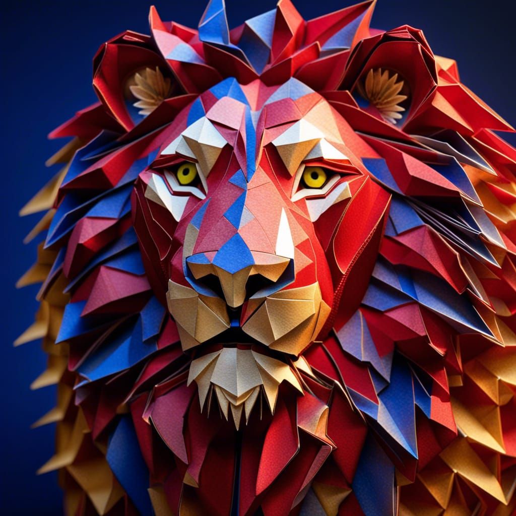 Epic Lion Origami in Royal Blue, Red & Gold
