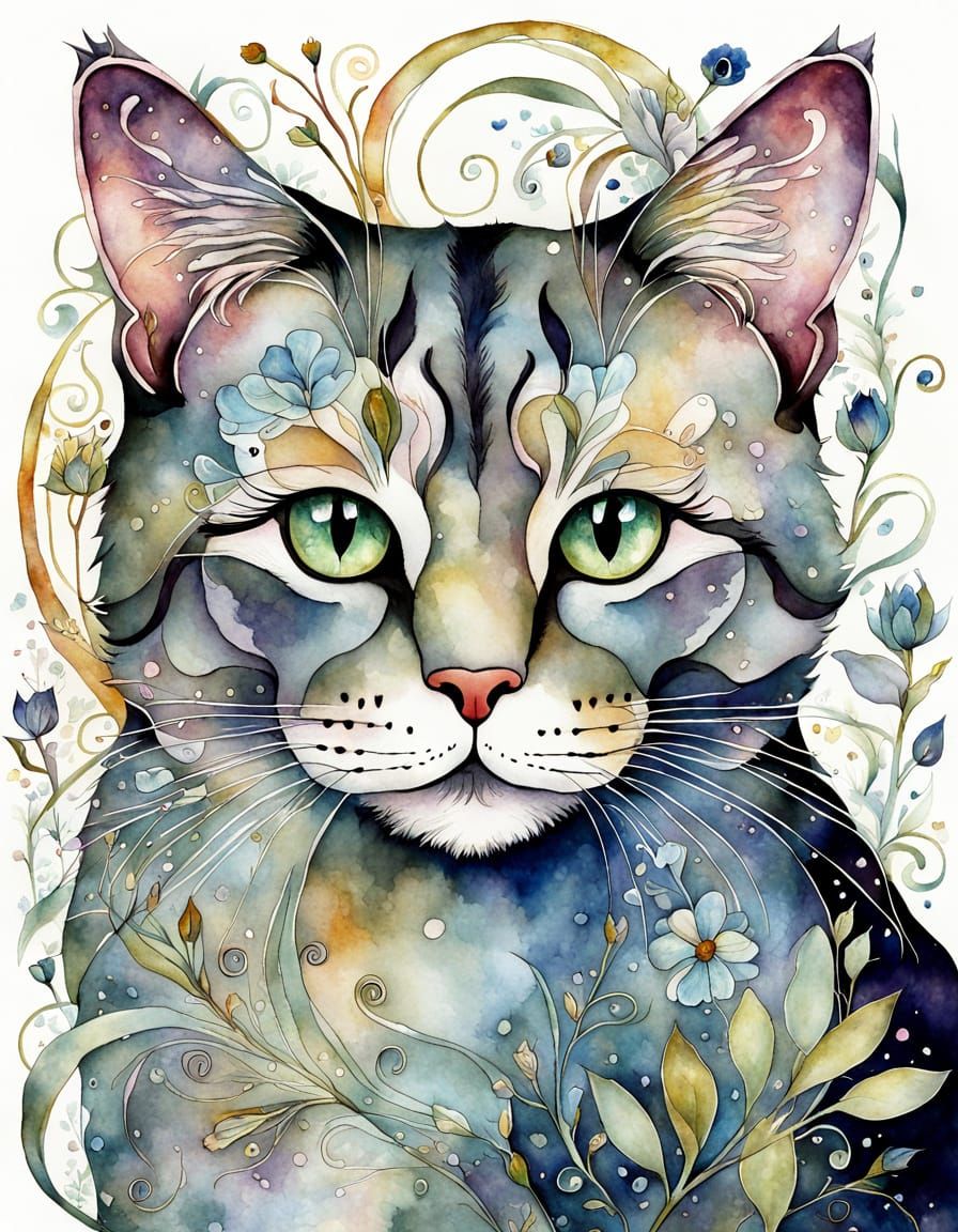 Whimsical Cat in Watercolor, Art Nouveau Style