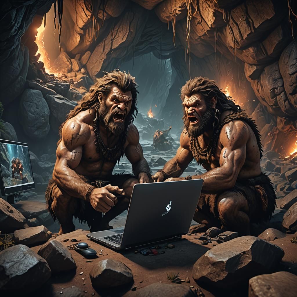 Caveman Angrily Views Computer Screen: Fantasy Art
