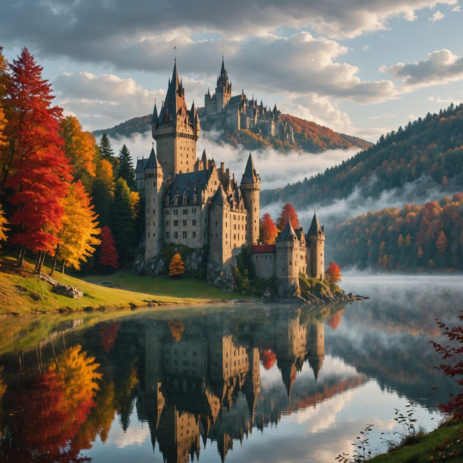 Misty Lake Castle with Crimson Roofs and Autumn Forests