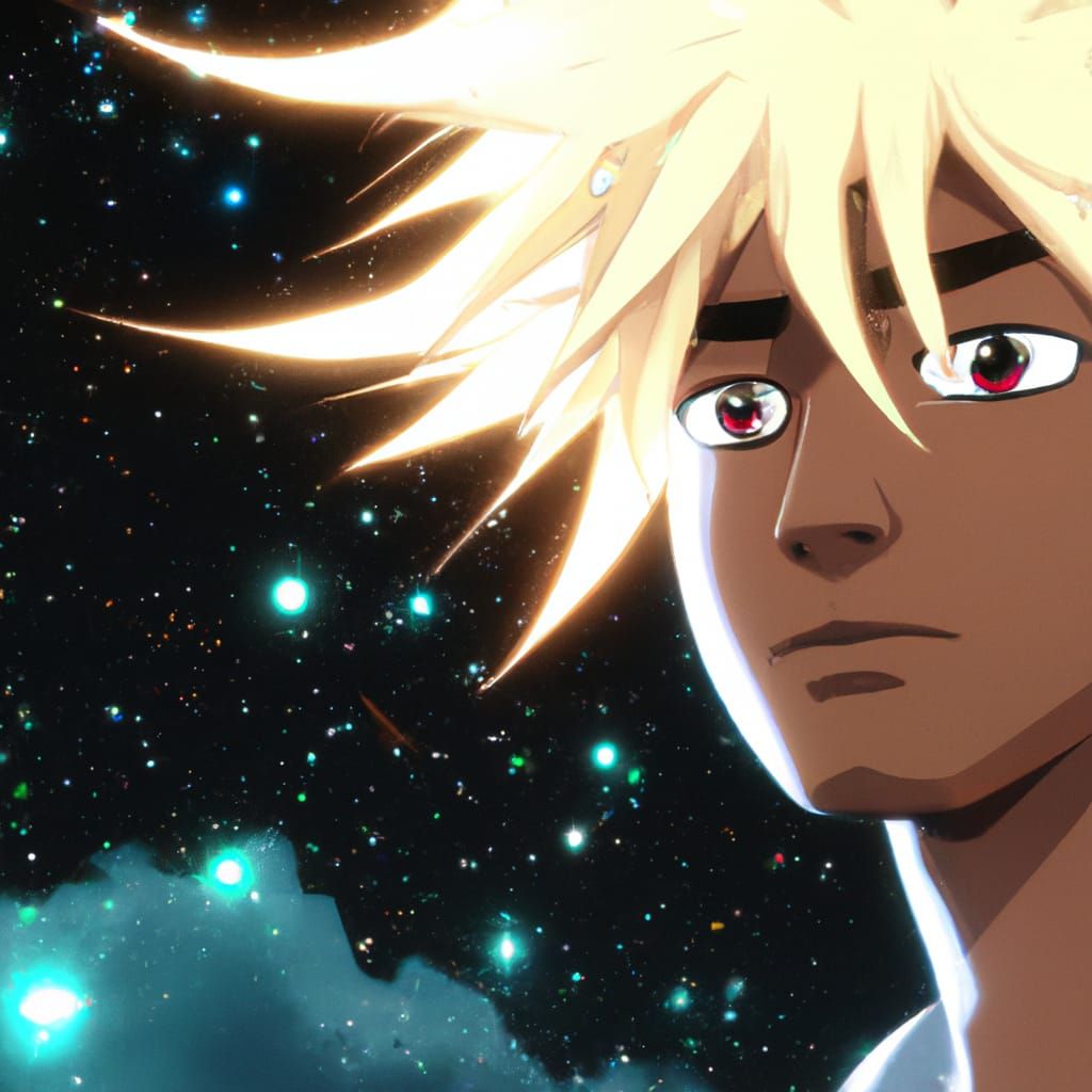 Cosmic Galaxy Hair Anime Hero in Space Fight