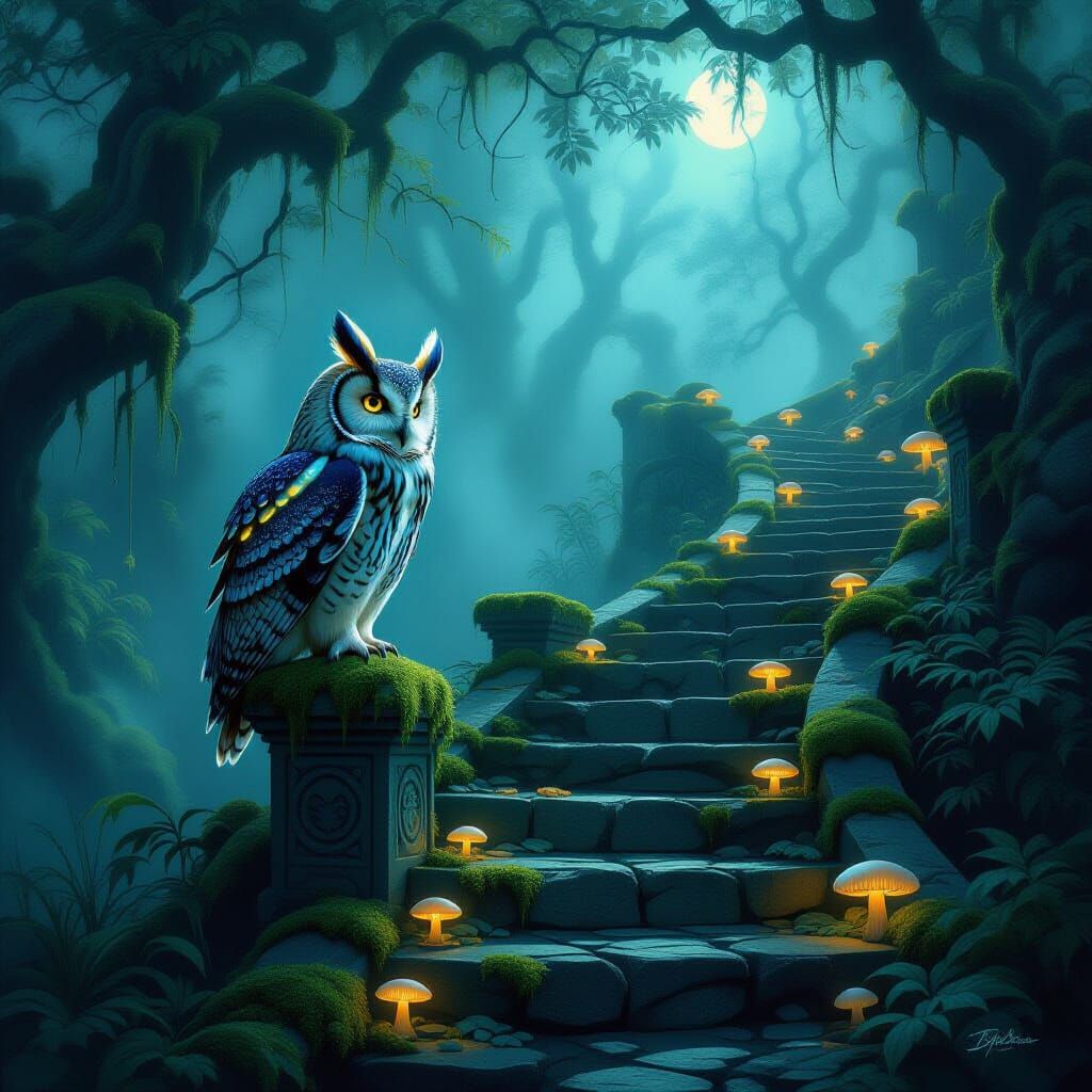 Bioluminescent Owl in Mystical Forest Oil Painting