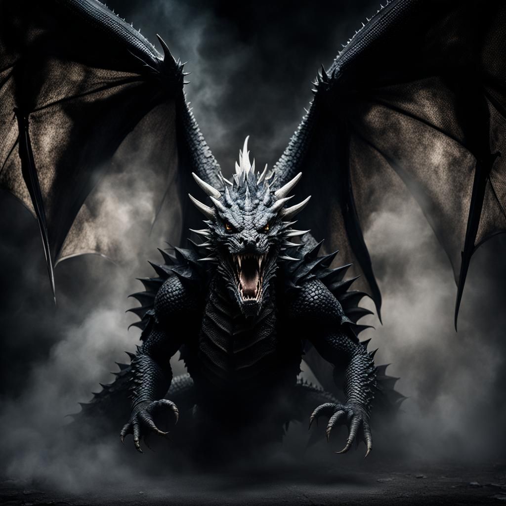 Vantablack Dragon with Open Wings in Soft Lighting