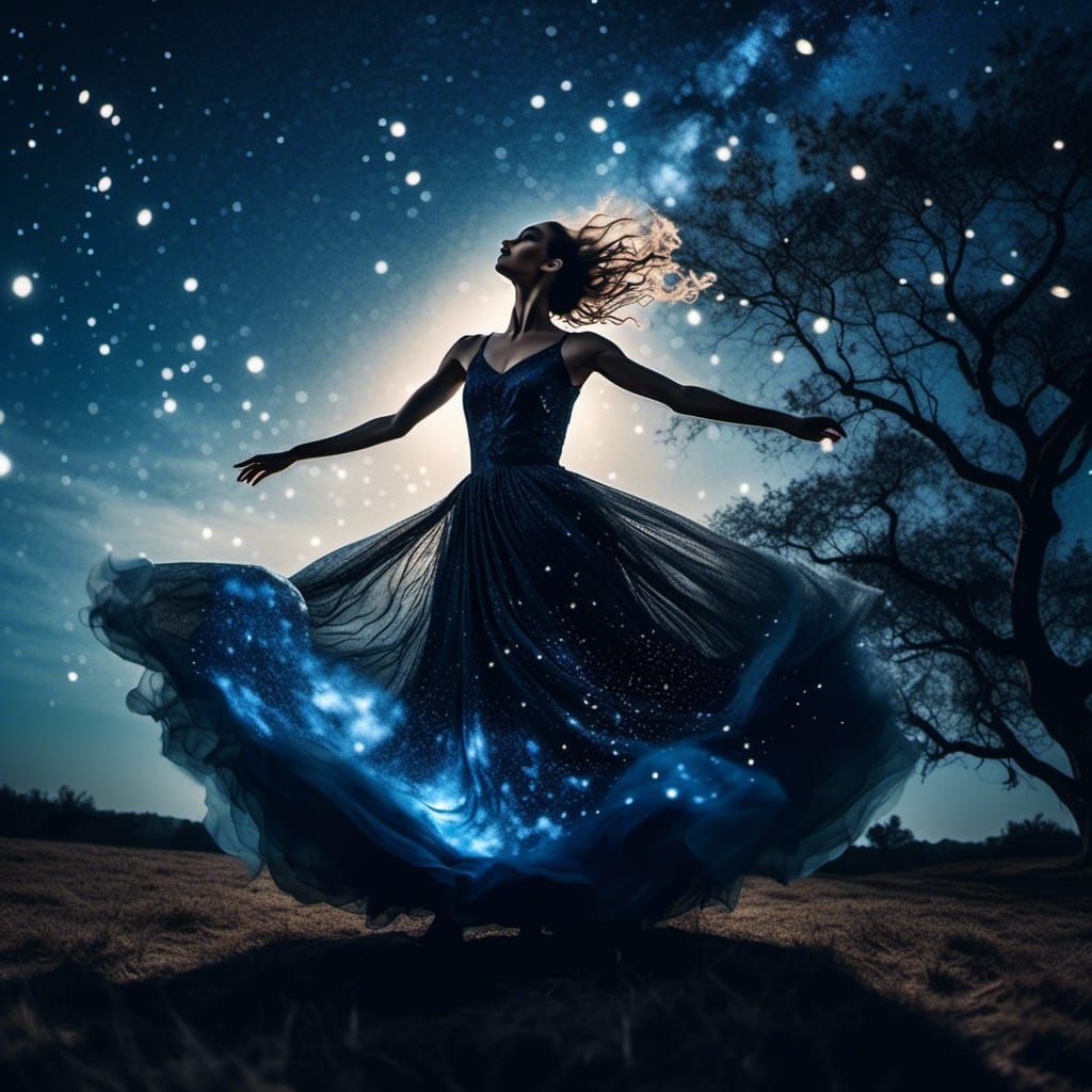 Dancer Under Falling Stars in Surreal Style