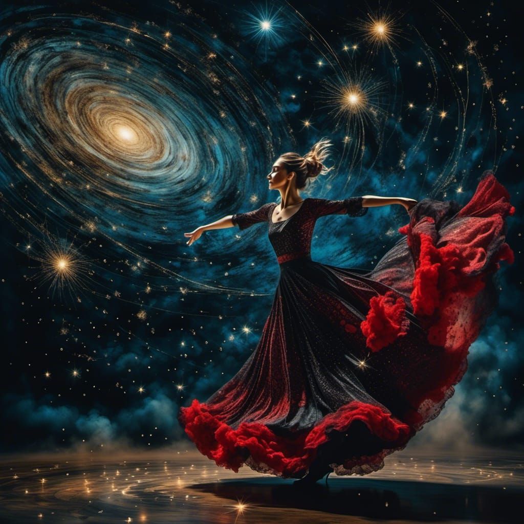 Dancer Twirling Under Falling Stars in Surreal Oil Painting