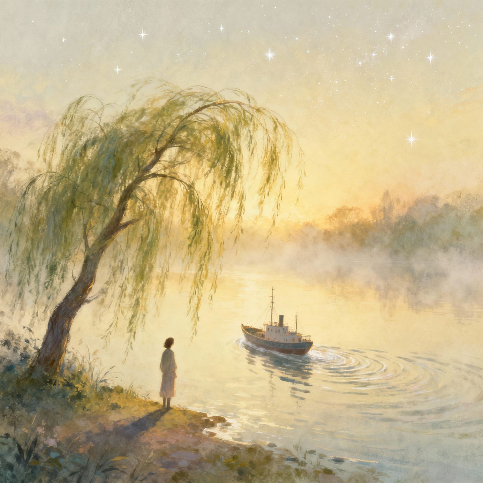 Woman Embracing Willow Tree in Gentle Breeze