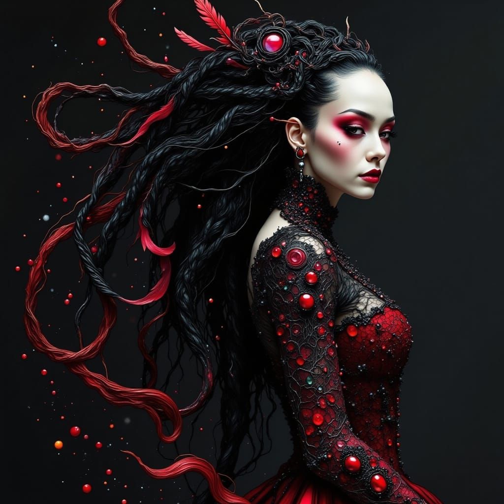 Dark Fantasy Portrait of Elegant Woman with Long Braided Hai...