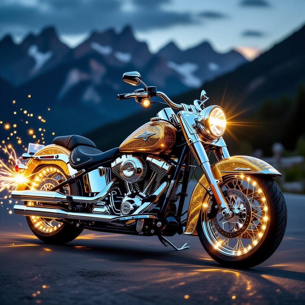 Golden Diamond Motorcycle with Cosmic Energy Trails