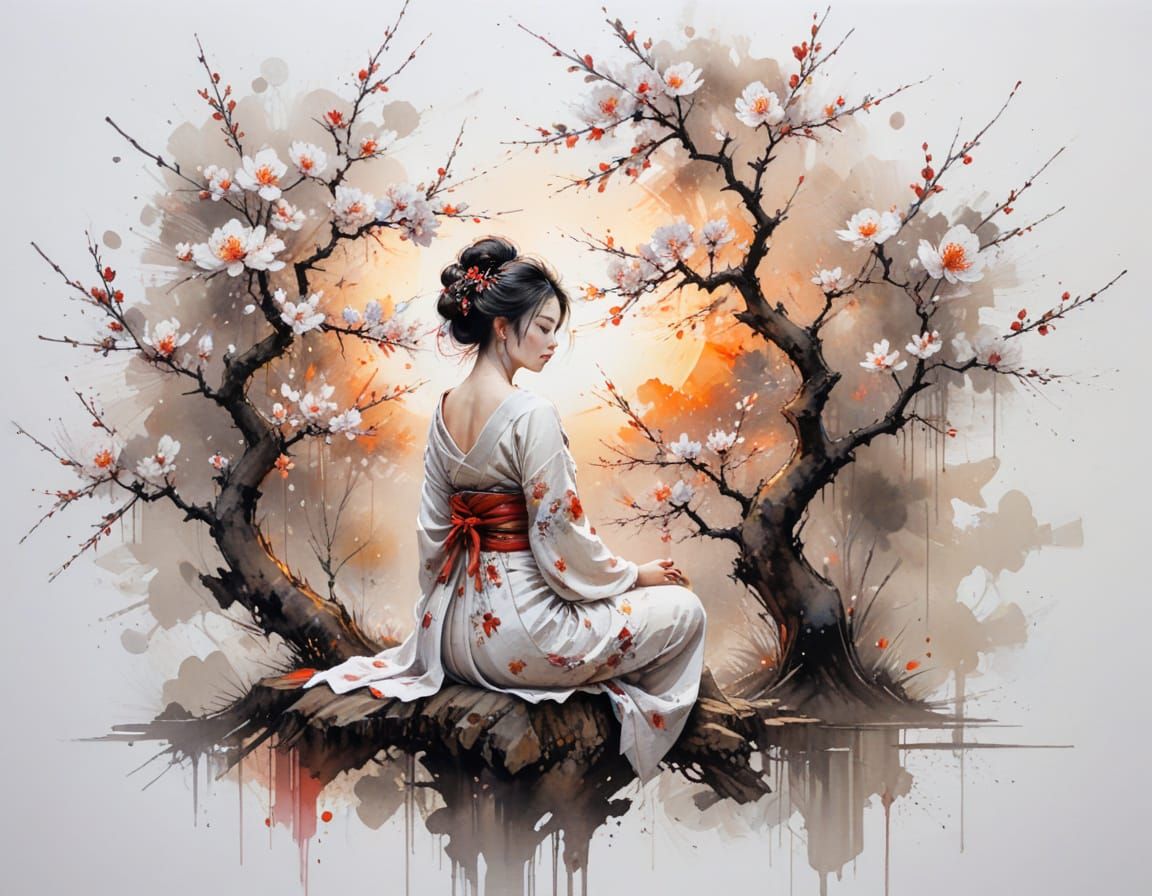 Geisha Meditating Under Sunset Blossom Tree
