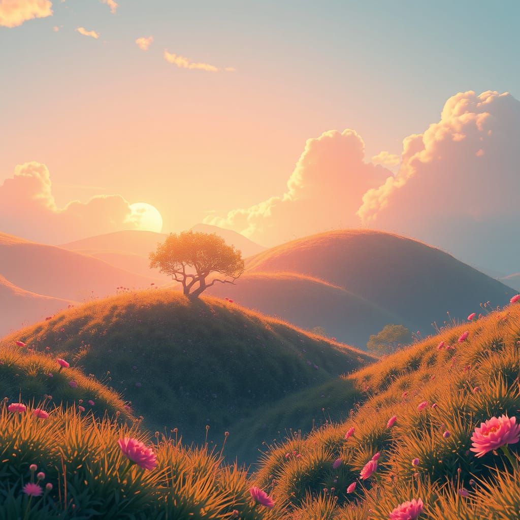 Serene Landscape with Warm Sunlight