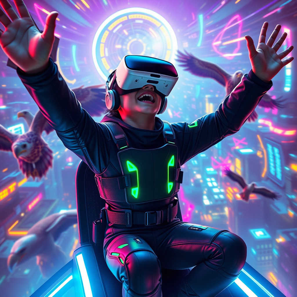 Cyberpunk VR Flight Experience in Futuristic Cityscape