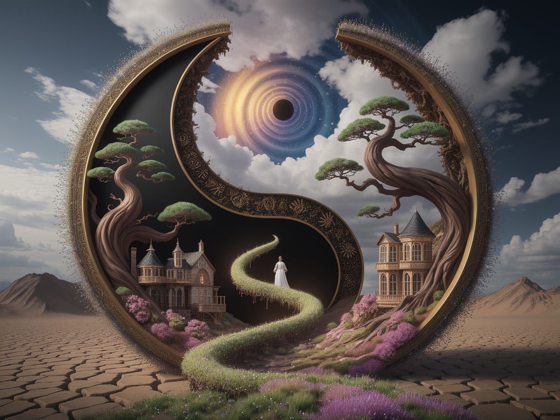 Surreal Yin-Yang Stargate with Bonsai and Cottages