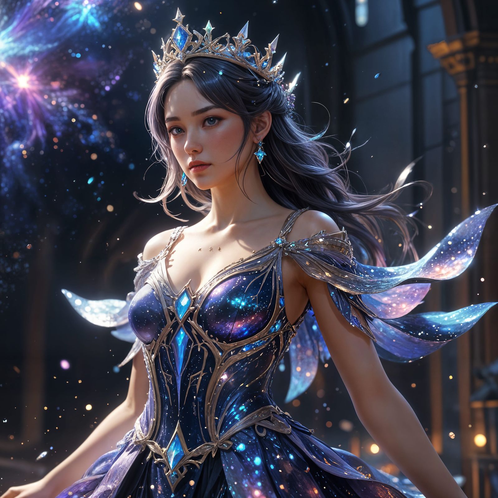 Ethereal Galaxy Goddess in Sparkling Cosmic Gown