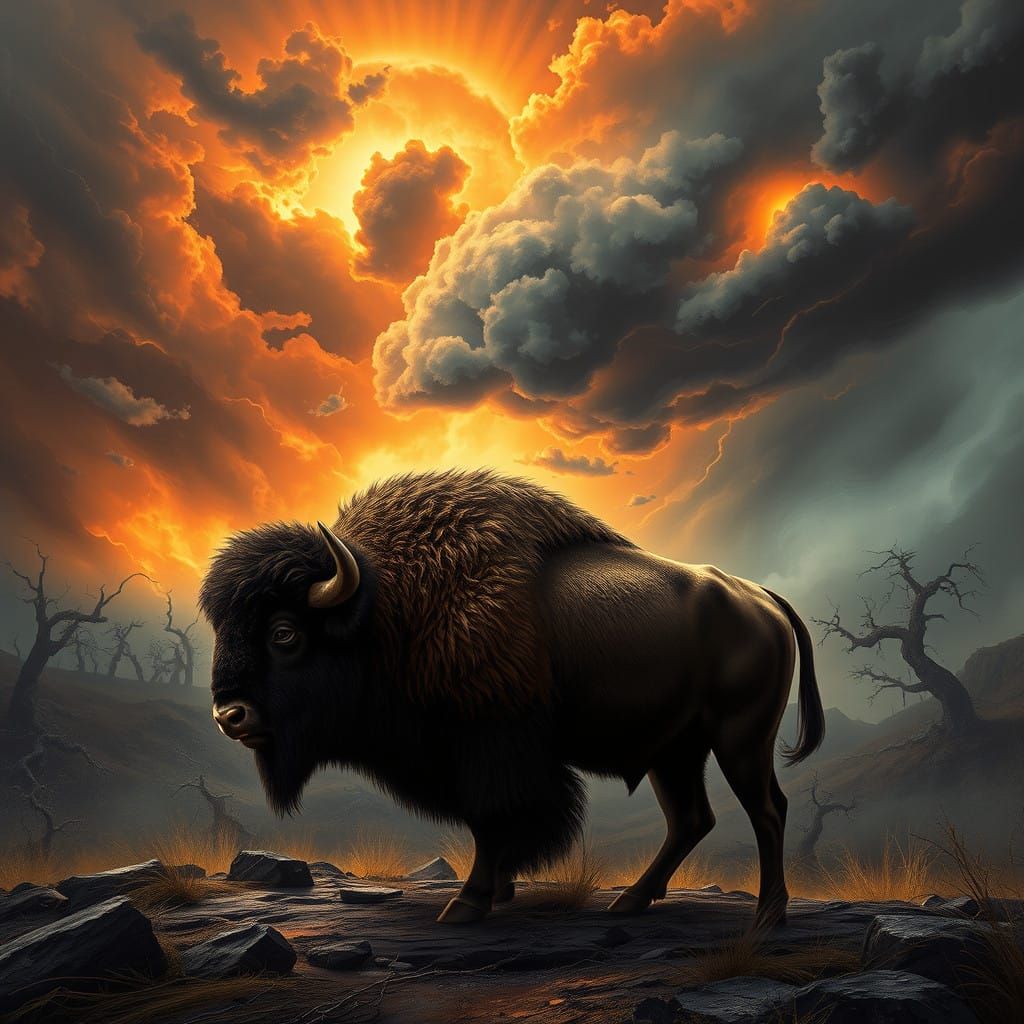 Majestic Bison Silhouetted Against Turbulent Stormy Sky