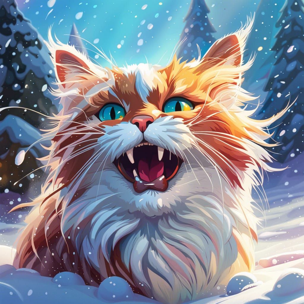 Hyperrealistic Cartoon Fluffy Cat in Snow