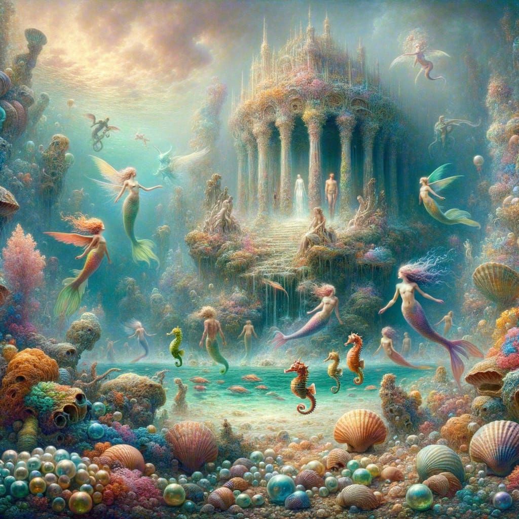 Enchanting Underwater World with Mermaids and Coral Palace