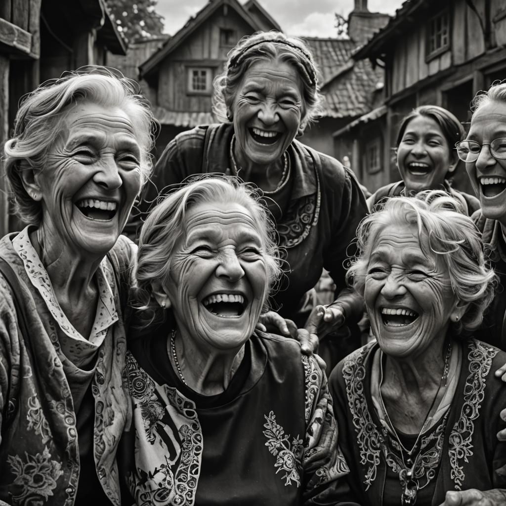 Joyful Grandmother Laughing with Friends: Detailed Matte Por...