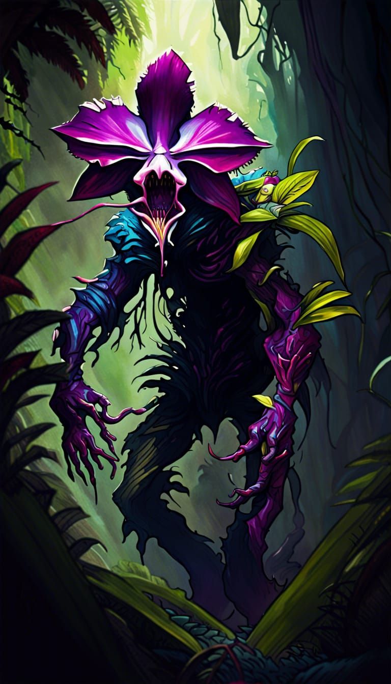 Orchid-headed Monster Emerges from Jungle, Hyperrealistic Ar...