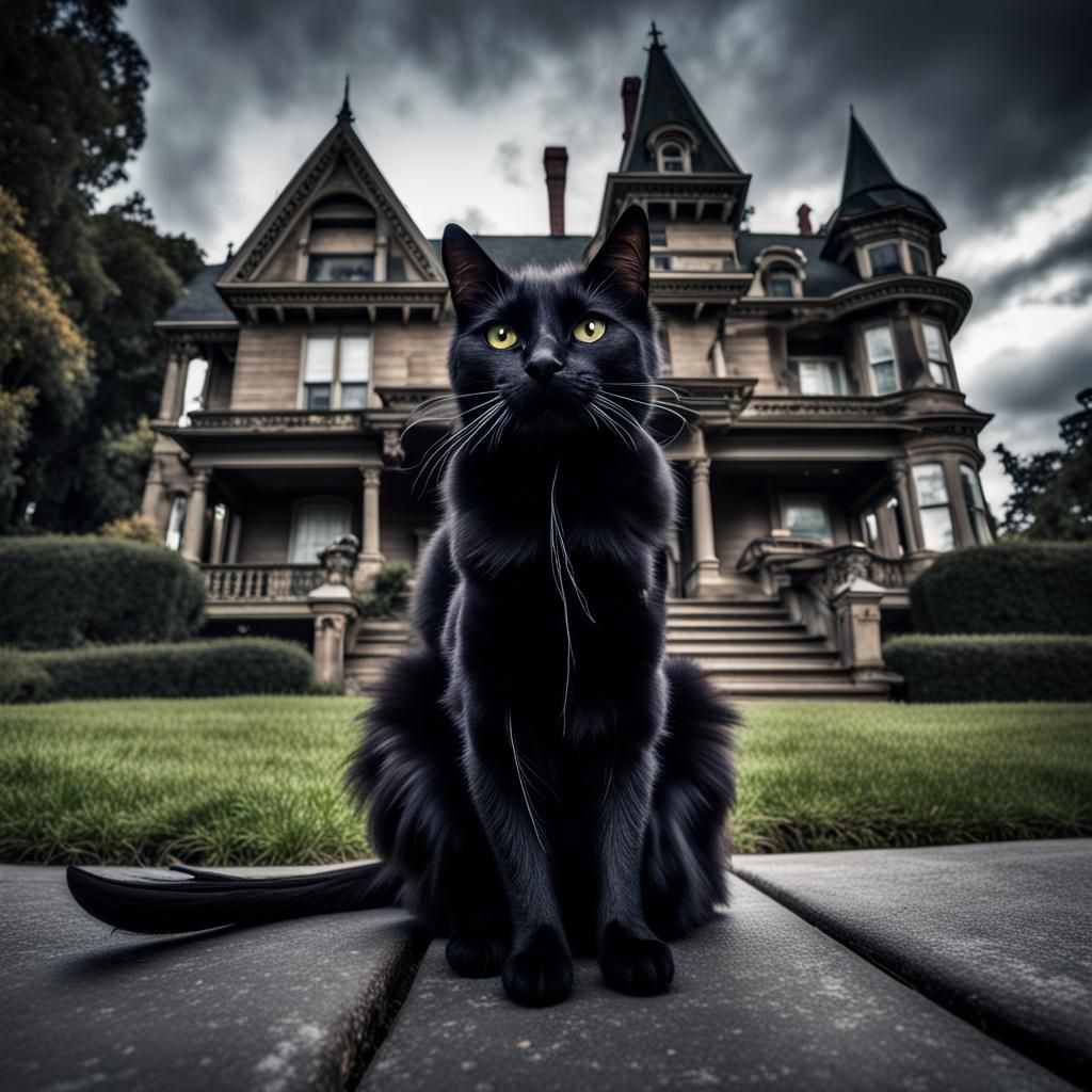 Bat Cat in Front of Haunted Mansion