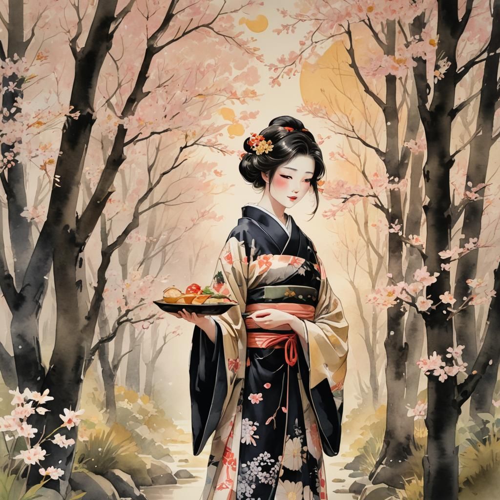 Ukemochi in Serene Forest: Japanese Watercolor Art