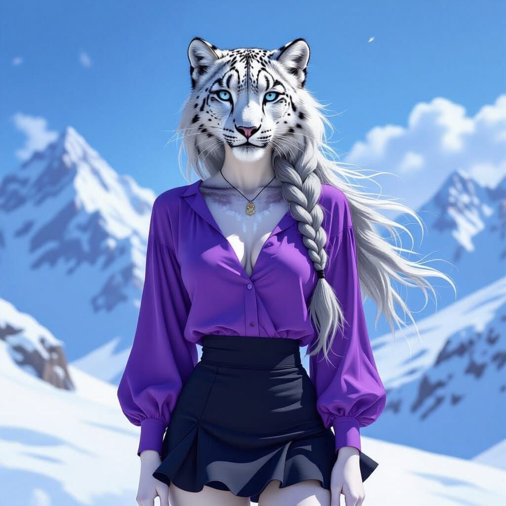 Anthro Snow Leopard Woman with White Hair in Braid