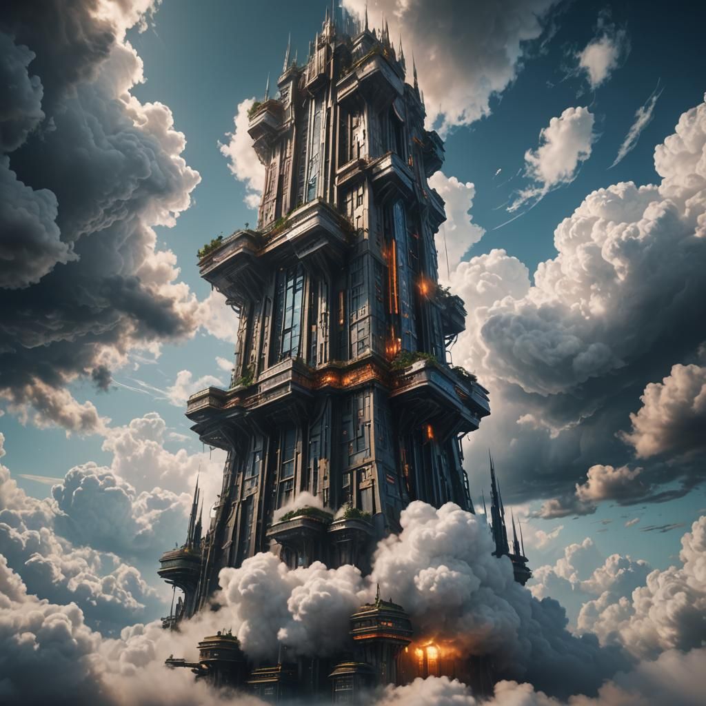 Futuristic Tower Pierces Clouds: Detailed Matte Painting