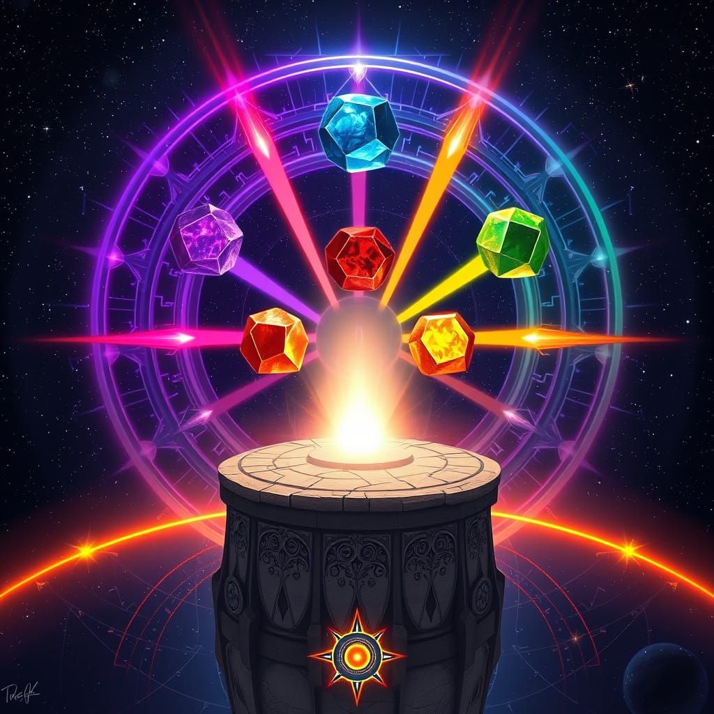 Infinity Stones Orbiting Celestial Altar in Cosmic Style