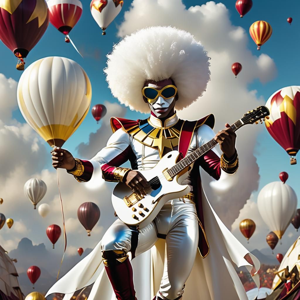 Superhero Musician with Vibrant Hot Air Balloons in Dramatic...