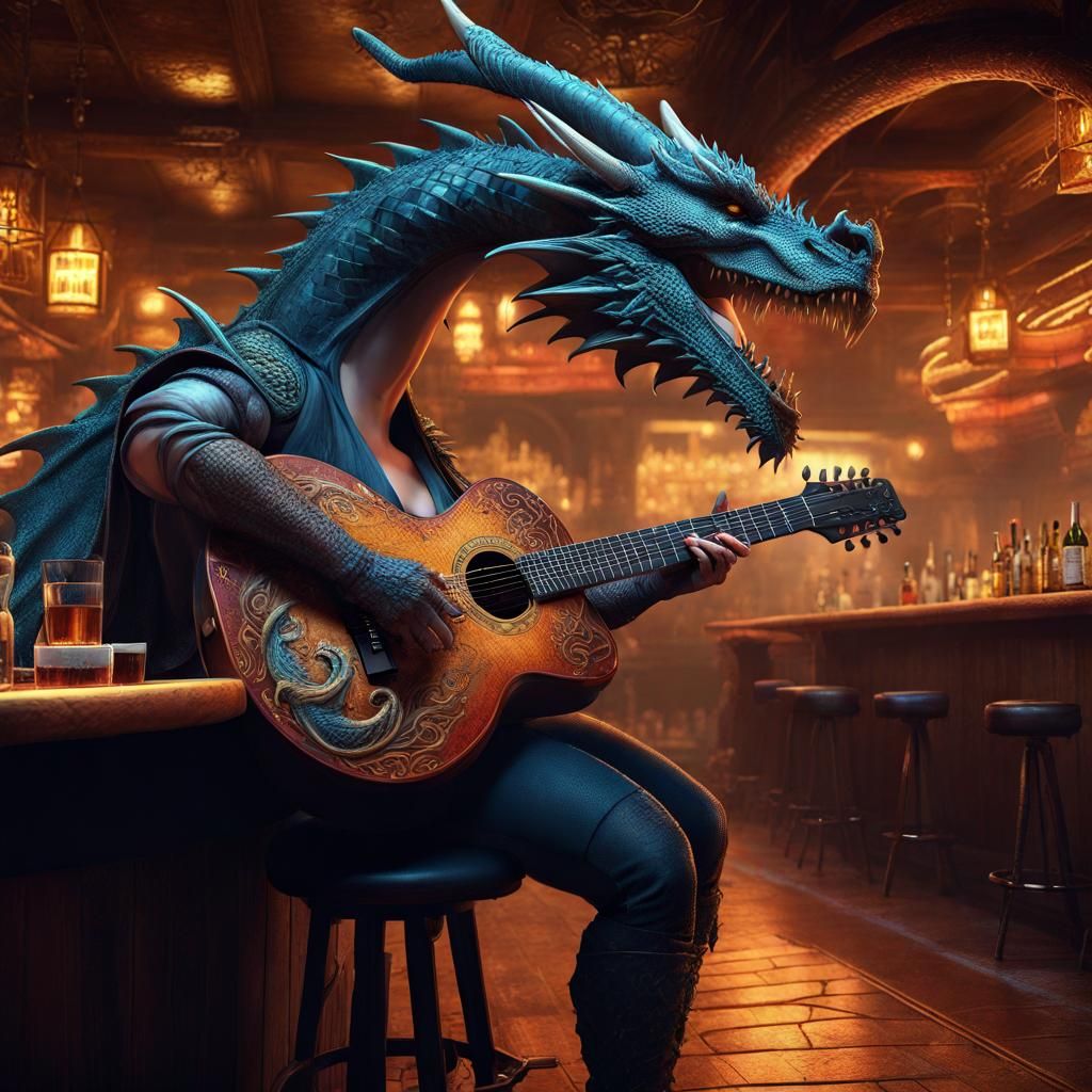 Dragon Girl Plays Guitar in Bar: Fantasy Art