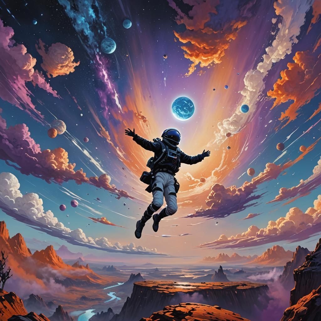 Person Floating Above a Planet in Detailed Matte Painting