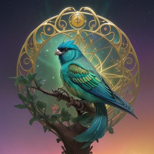 Bioluminescent Tanager Bird in Art Nouveau Style