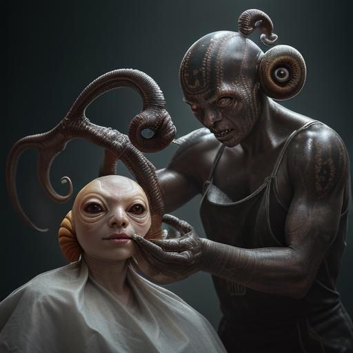 Intricate Alien Snail Shell Barber in Hyperrealistic Style
