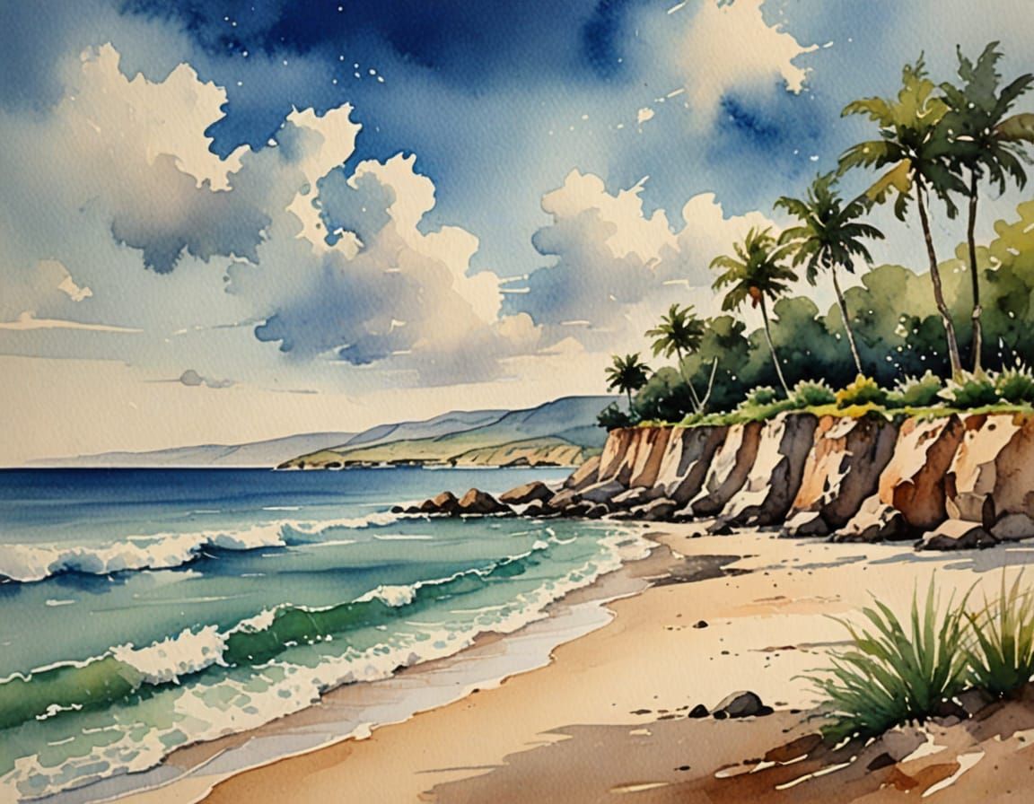 Watercolor Beach Landscape Painting