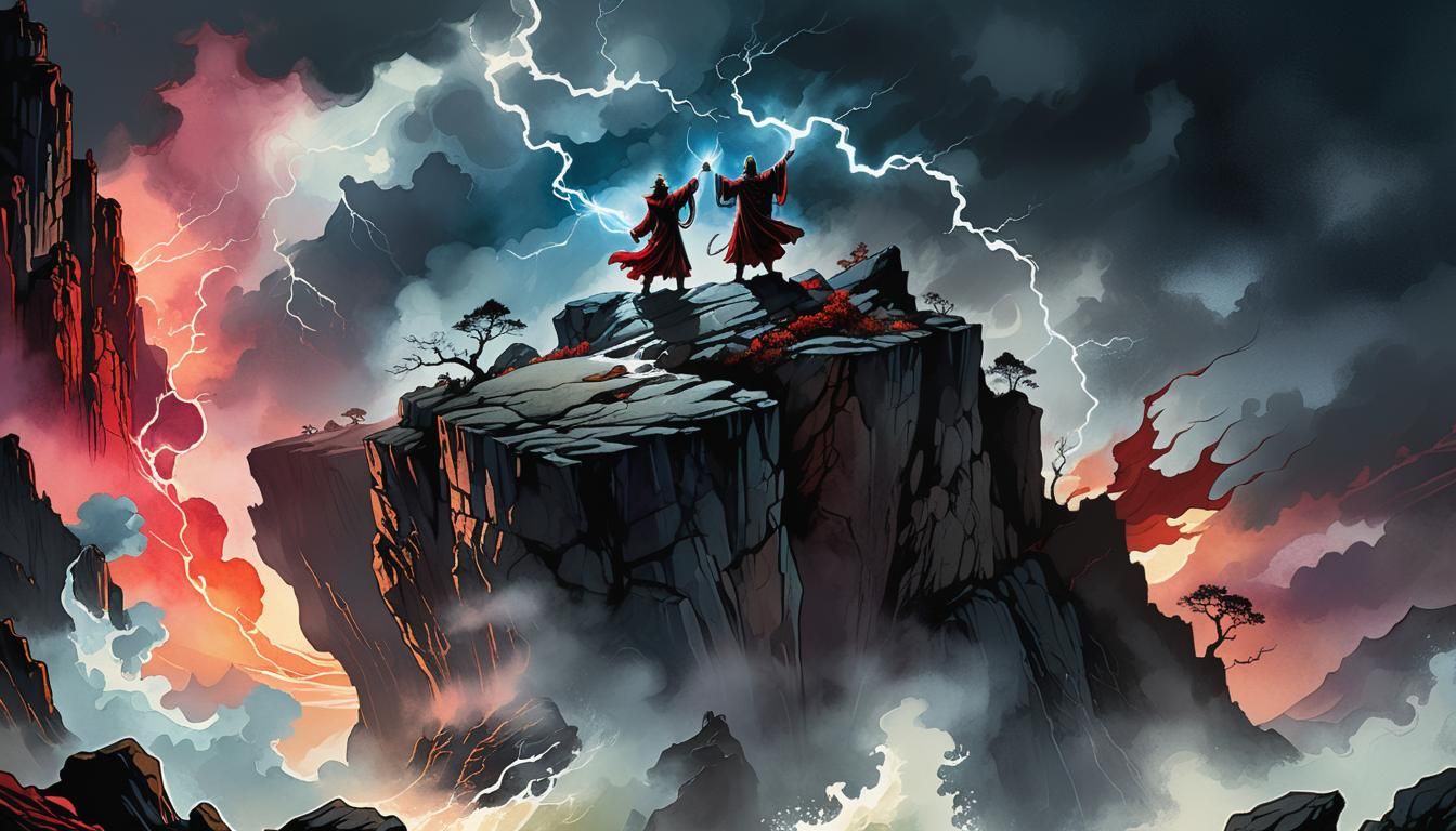 Sorcerer Conjuring Storm at Sunrise in Watercolor Style