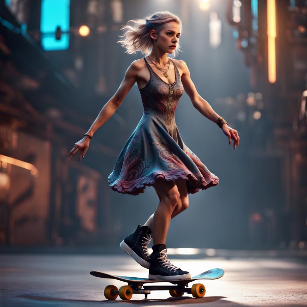 Skater Girl in Dress: Detailed Matte Painting