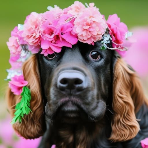 Cocker Spaniel with Floral Wreath and Glittery Background