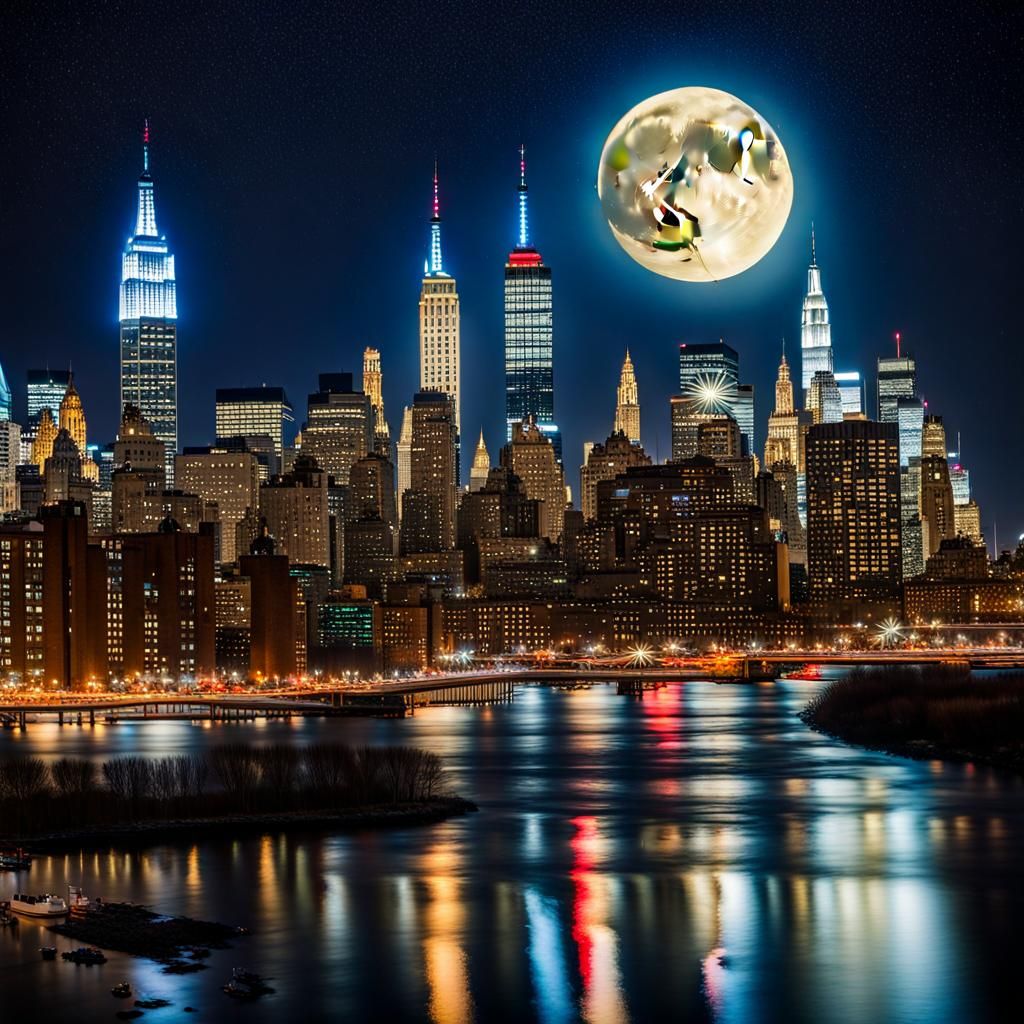 Nighttime New York Cityscape Under Starry Moon